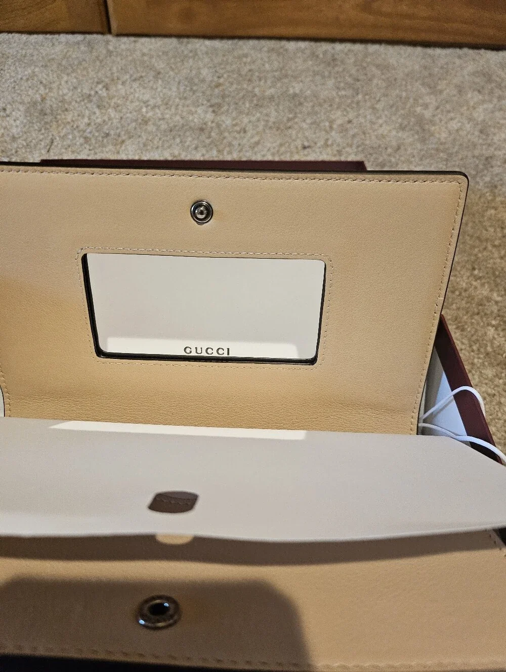 New In Box Gucci Beige Leather Trim GG Canvas Wallet with Gold Hardware